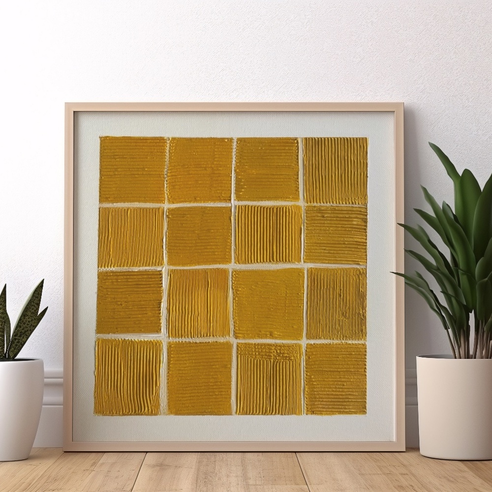 Textured Boho Basket Weave Canvas Painting - Abstract 3D Orange/Yellow Checker